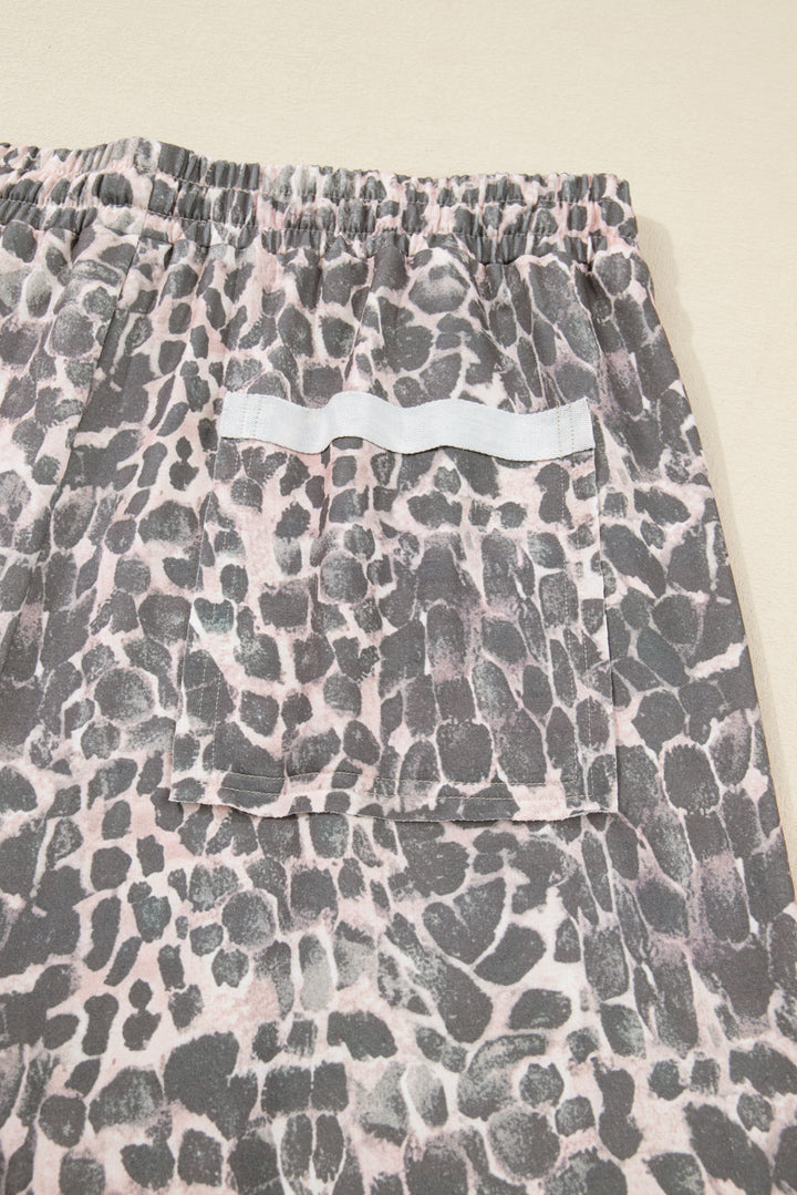 Khaki Plus Size Leopard Print Raw Edge Patch Pocket Drawstring Loose Pants