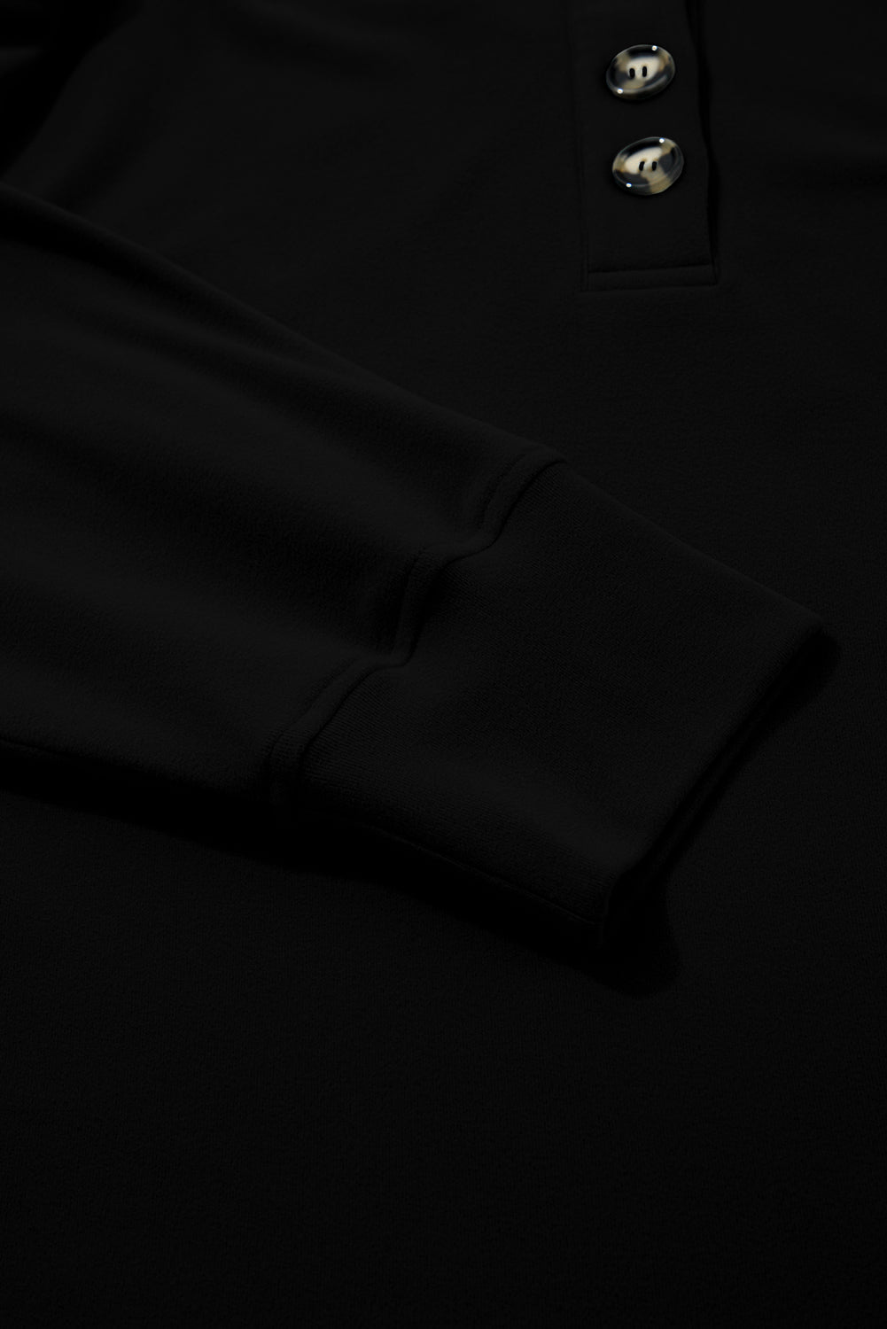 Black Solid Button Placket Crew Neck Plus Size Sweatshirt
