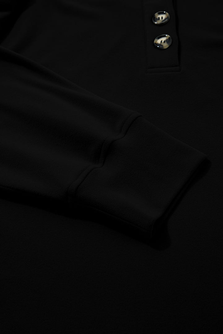 Black Solid Button Placket Crew Neck Plus Size Sweatshirt