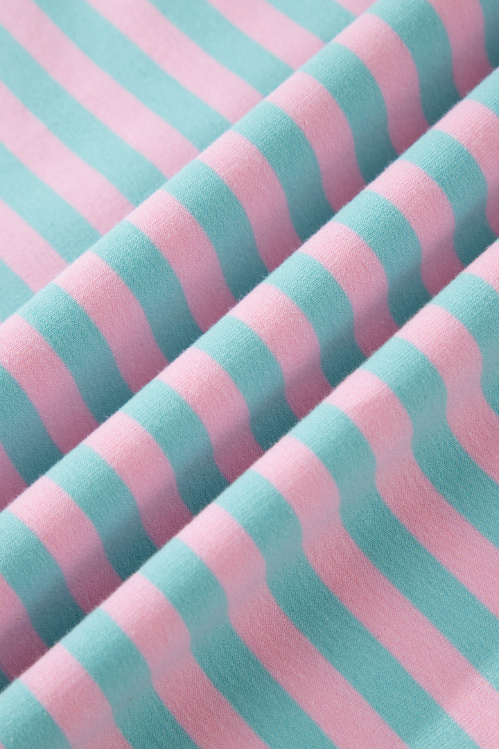 Pink Stripe Color Block Detail Long Sleeve Pullover Elastic Waist Pull On Shorts 2pcs Set