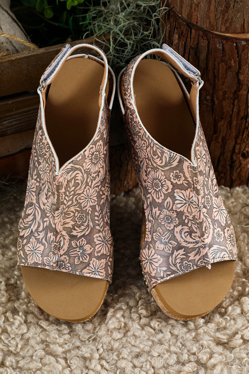 Vintage Floral Leather Rivet Hollowed Platform Sandals