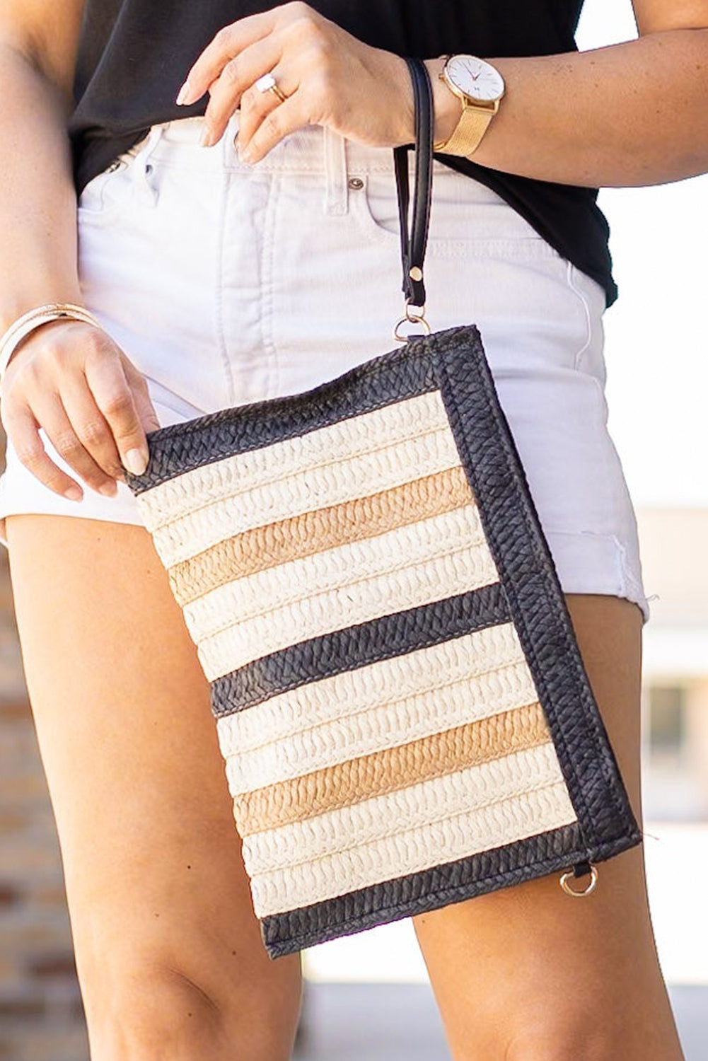 Contrast Striped Straw Woven Shoulder Bag