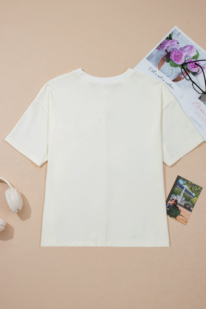 Cute Beige Star Print Stud Detail Cotton Jersey Top