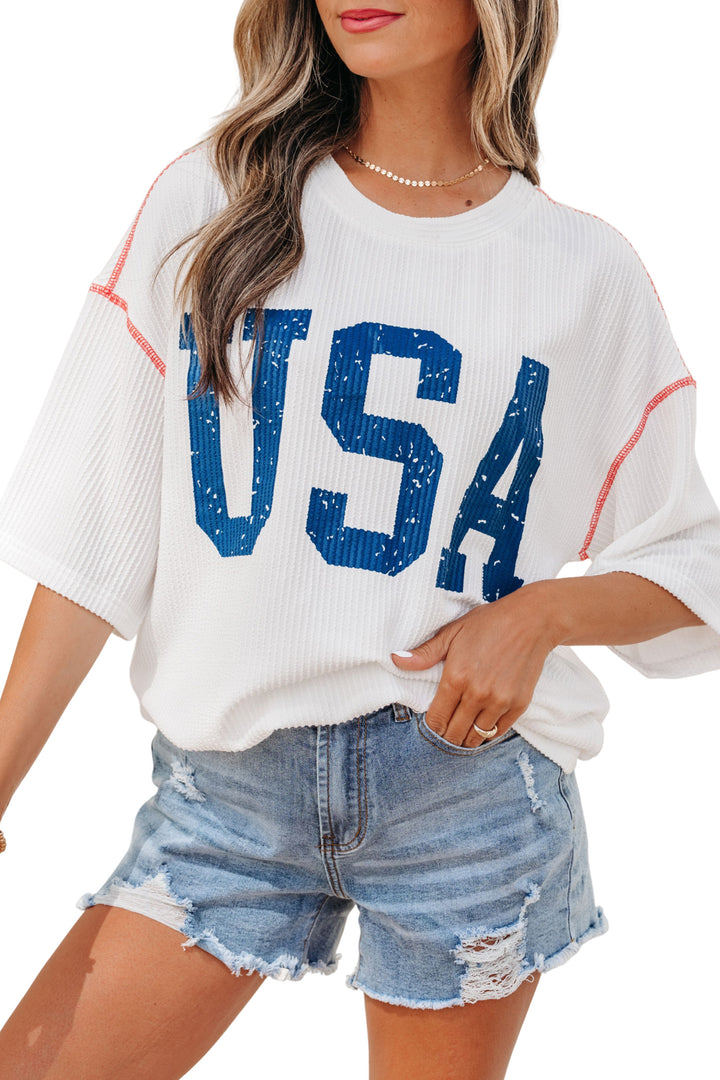 White USA Graphic Half Sleeve Loose Ribbed Top
