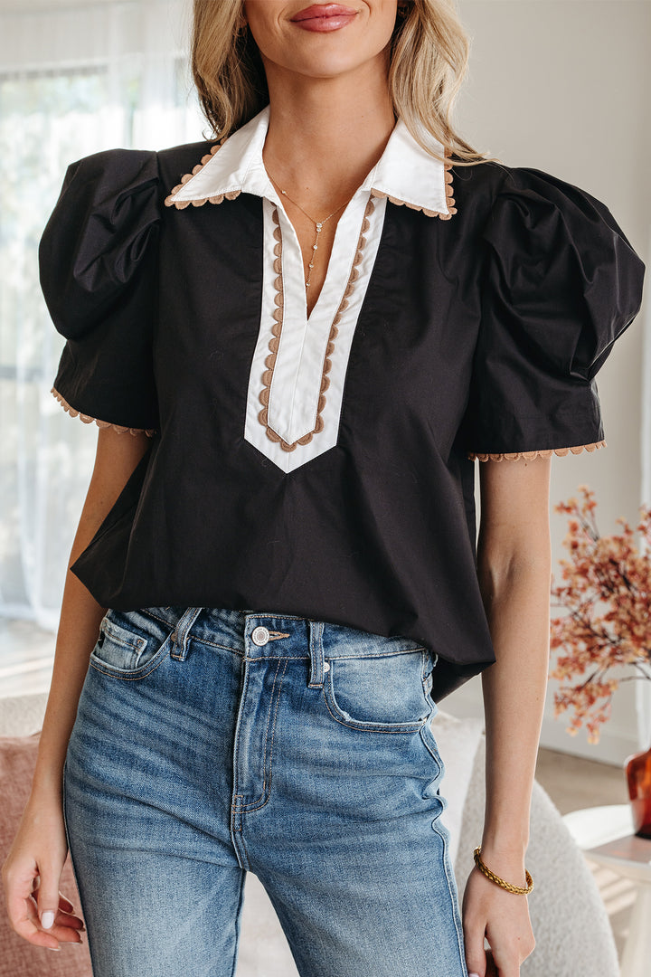 Ricrac Trim Color Block Patchwork Shirt Collar Short Sleeve Blouse