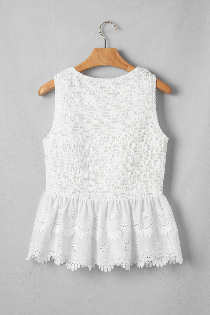 Chic White Sleeveless Smocked Lace Peplum Top