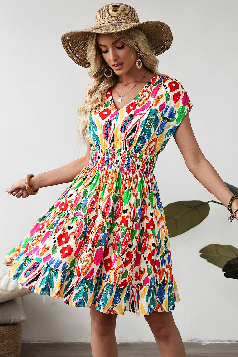 Sky Blue Abstract Print Dolman Sleeve Ruffle Tiered Mini Dress