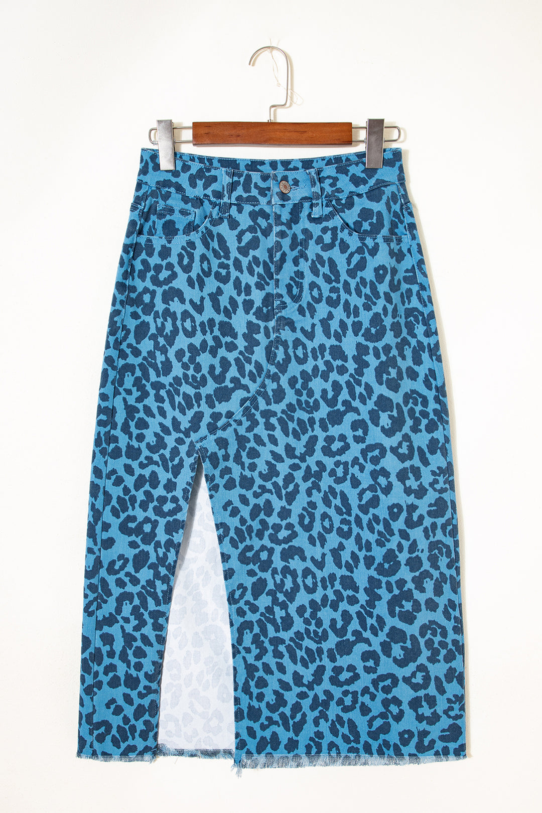 Sky Blue Leopard Print Frayed Edge Denim Skirt Long Casual Daily Wear