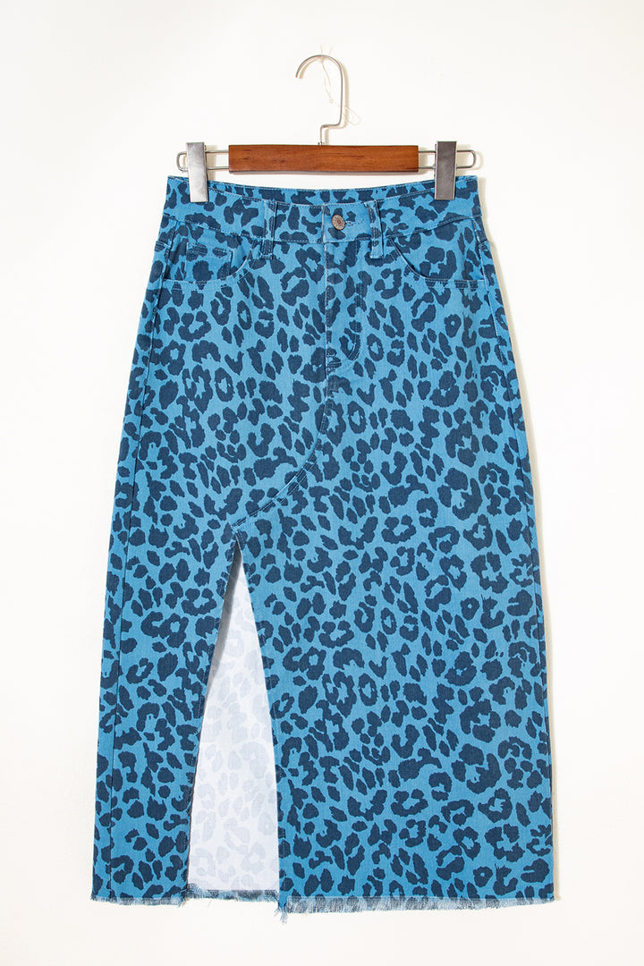 Sky Blue Leopard Print Frayed Edge Denim Skirt Long Casual Daily Wear