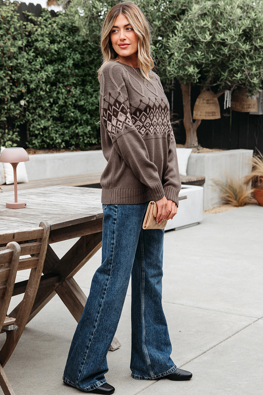 Western Geometric Patterned Crew Neck Knitted Sweater