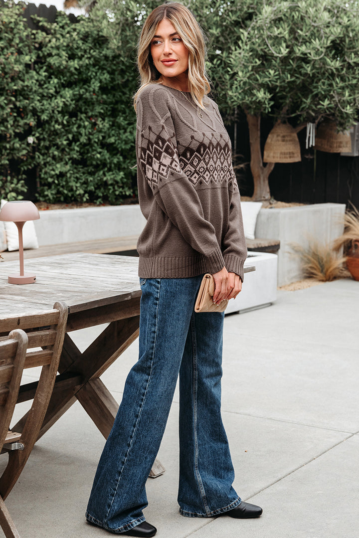 Western Geometric Patterned Crew Neck Knitted Sweater