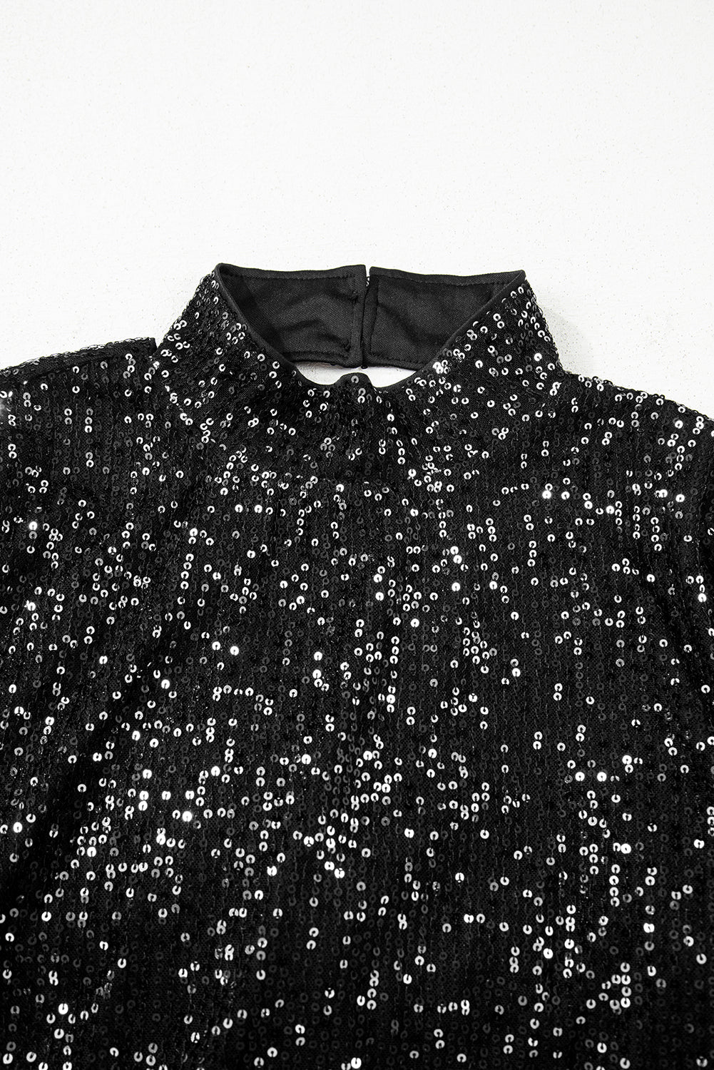 Black Sequin Mock Neck Drape Open Back Bell Sleeve Top