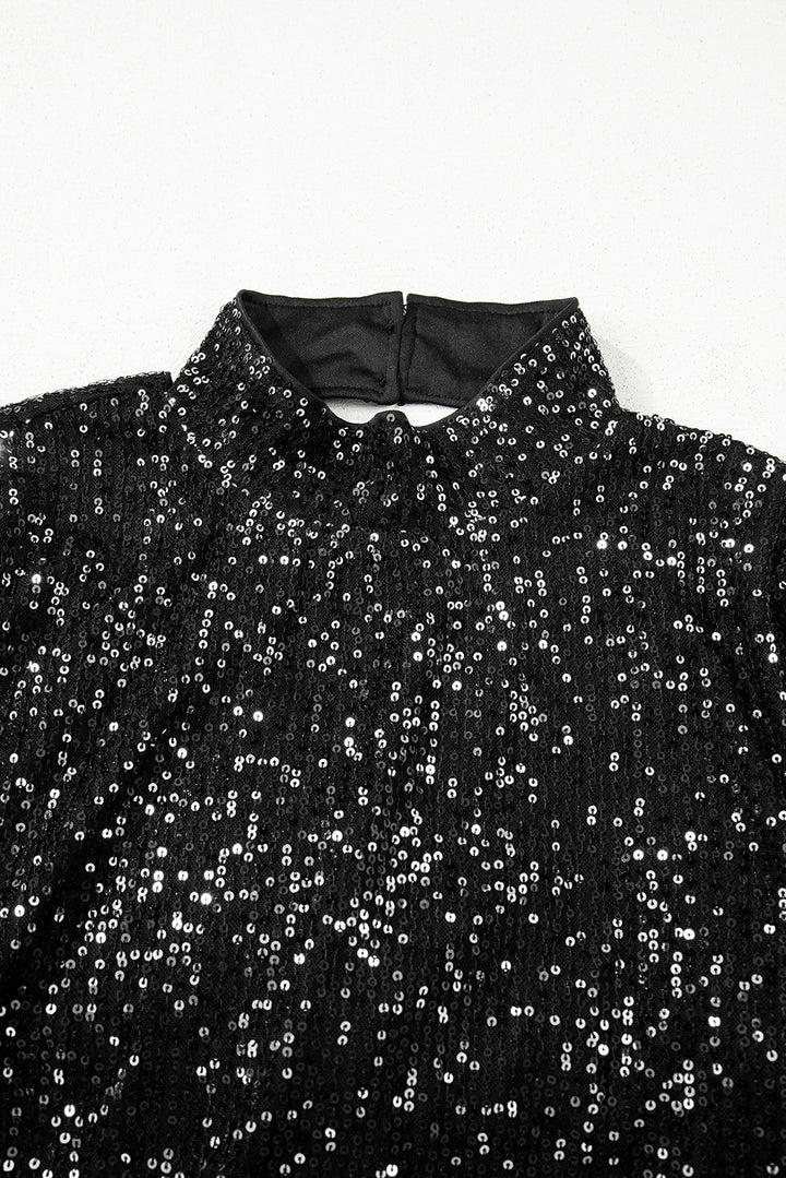 Black Sequin Mock Neck Drape Open Back Bell Sleeve Top