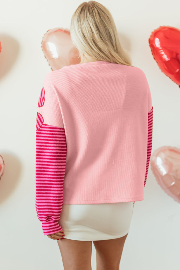 Floral Patch Color Block Striped Sleeve Textured Top