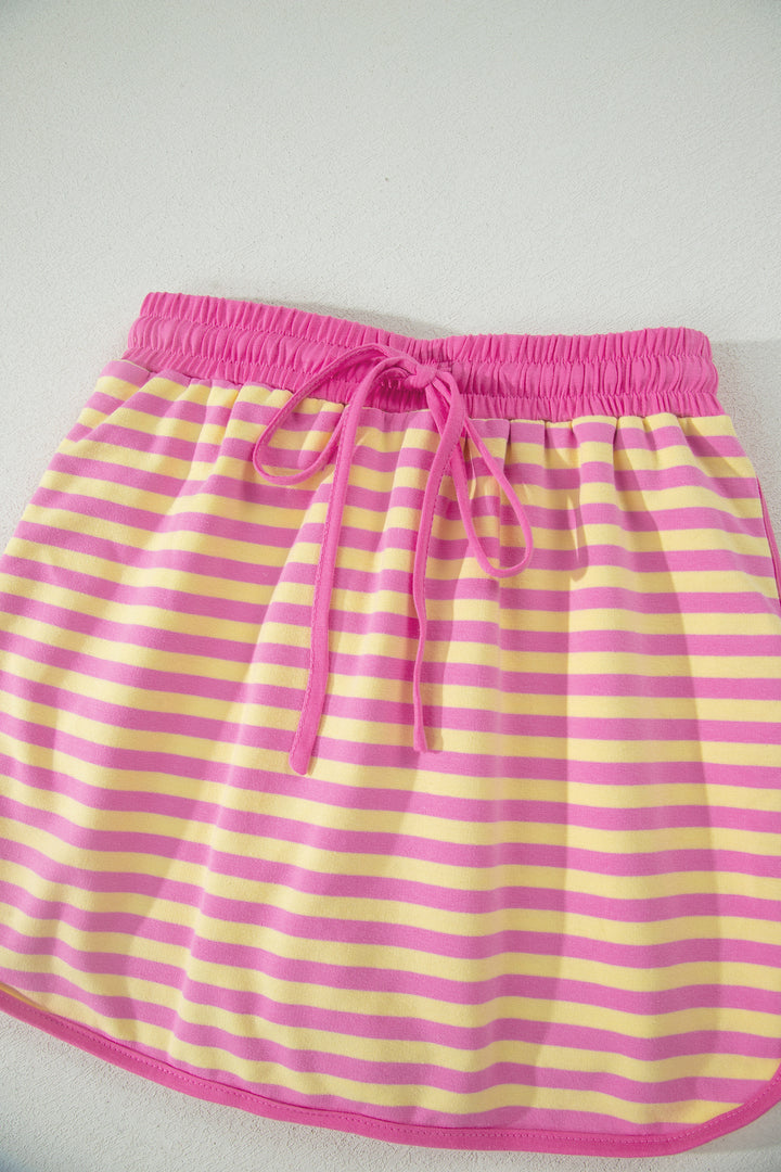 Pink Stripe Relaxed Short Sleeve Top Elastic Waist Drawstring Skort 2pcs Set