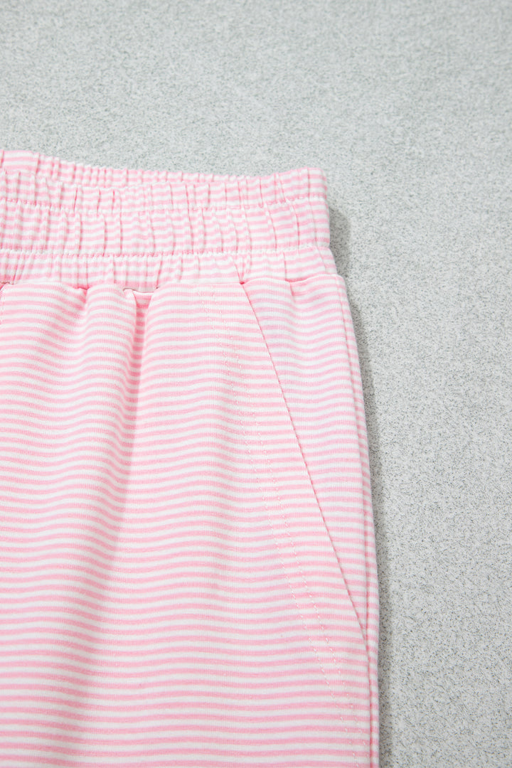 Pink Stripe Color Block Trim Mock Neck Pullover Drawstring Pants Casual Outfit