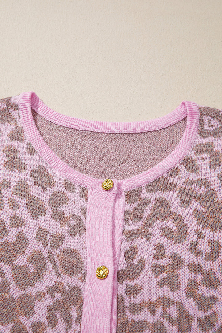 Pink Leopard Button Down Short Sleeve Sweater Cardigan