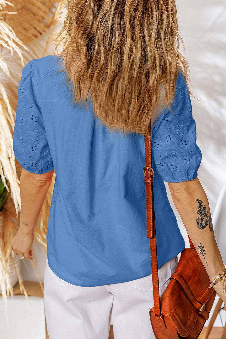 Lace Crochet V Neck Half Sleeve Embroidery Button Down Blouses Casual Shirts