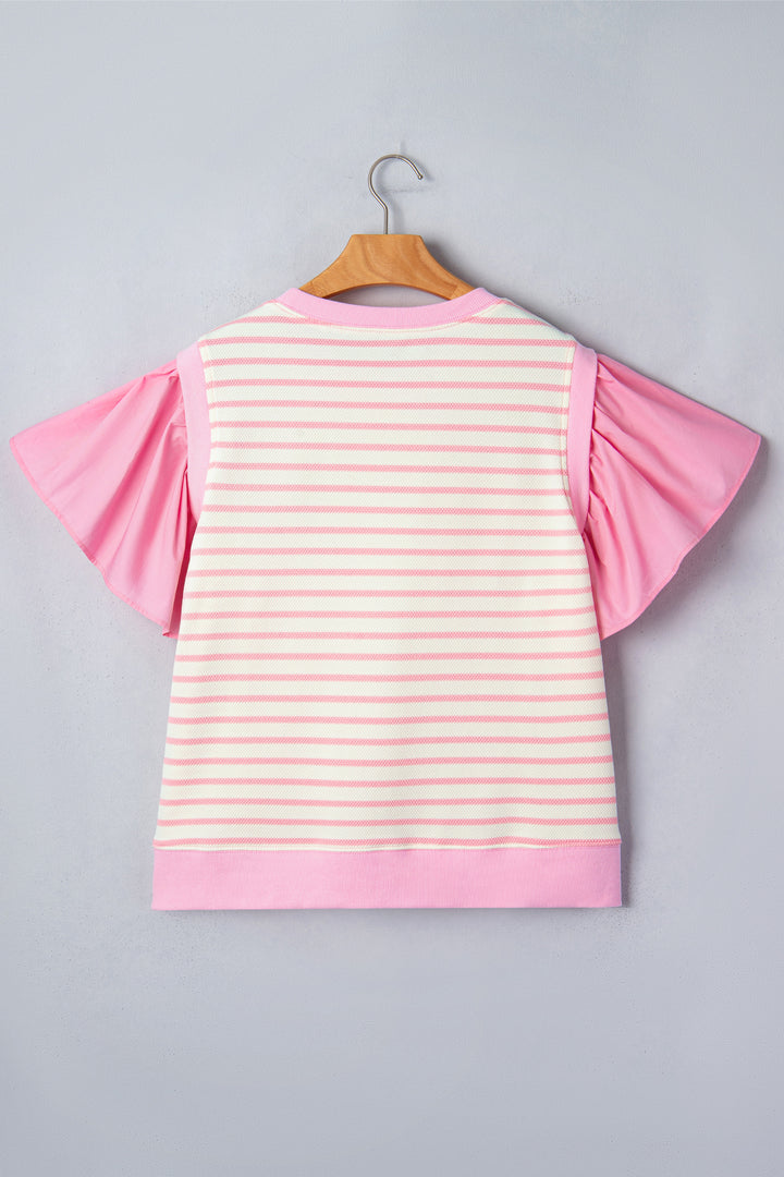 Ruffled Short Sleeve Patchwork Blouse