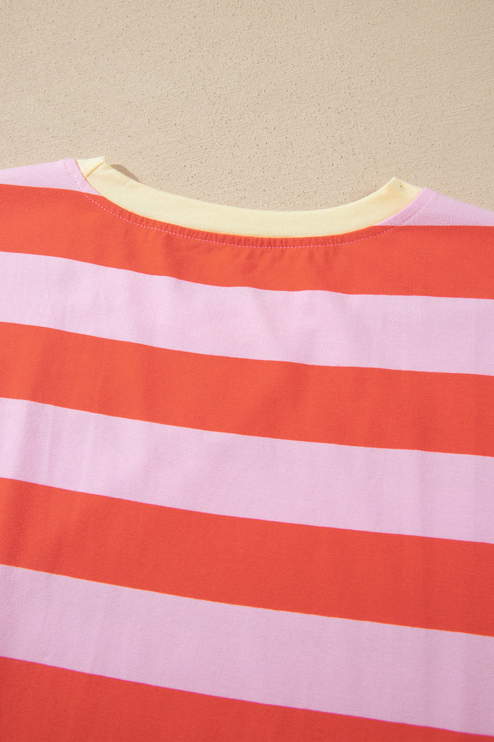 Orange Stripe Cuffed Short Sleeve Pocketed Casual T Shirt Long Dress