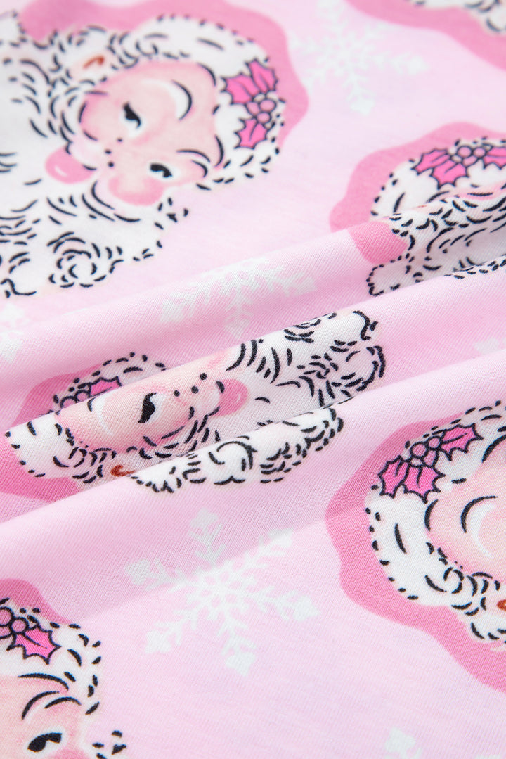 Pink Santa Claus Print V Neck Tee Drawstring Pants 2pcs Lounge Set