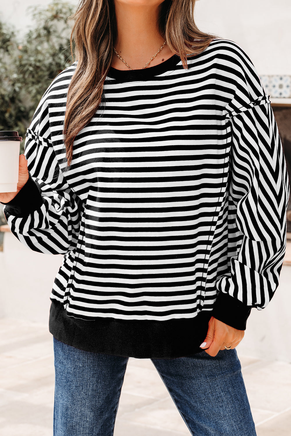 Exposed Seam Drop Shoulder Casual Pullover Top
