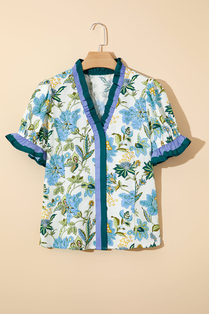 Floral Print Contrasted Frilled Striped Trim Short Sleeve Blouse