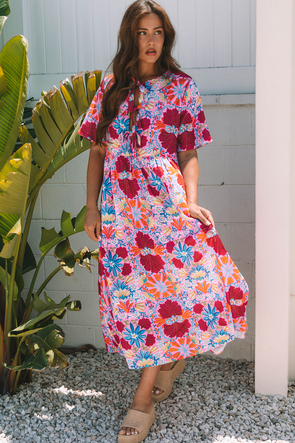 Floral Tied Front High Waist Short Sleeve Loose Long Dress