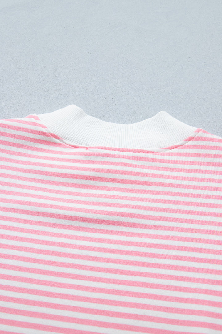 Pink Stripe Cuffed Sleeve Contrast Mock Neck Tee Casual 2pcs Short Set
