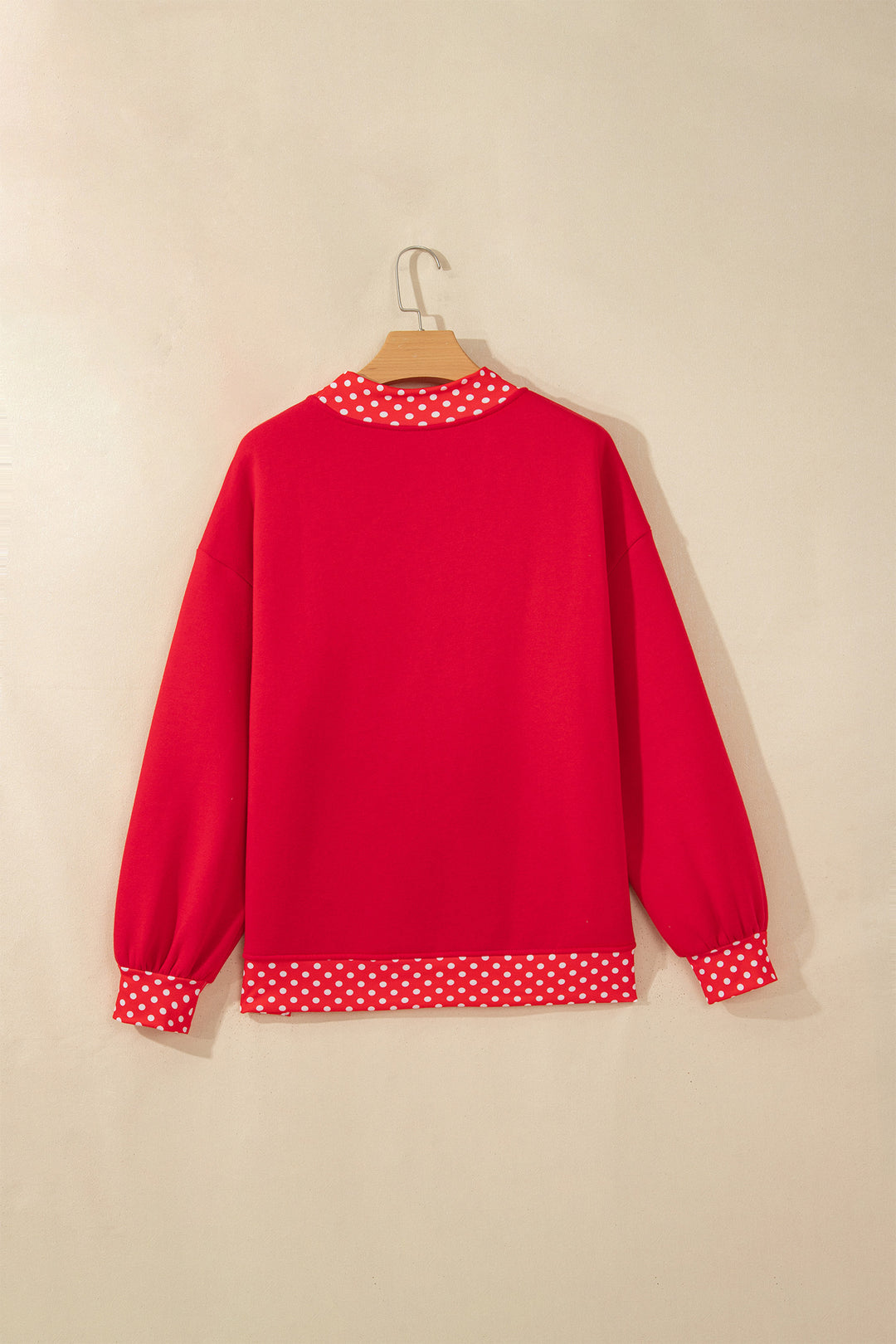 Tomato Red Polka Dot Letter Print Contrast Trim Mock Neck Sweatshirt
