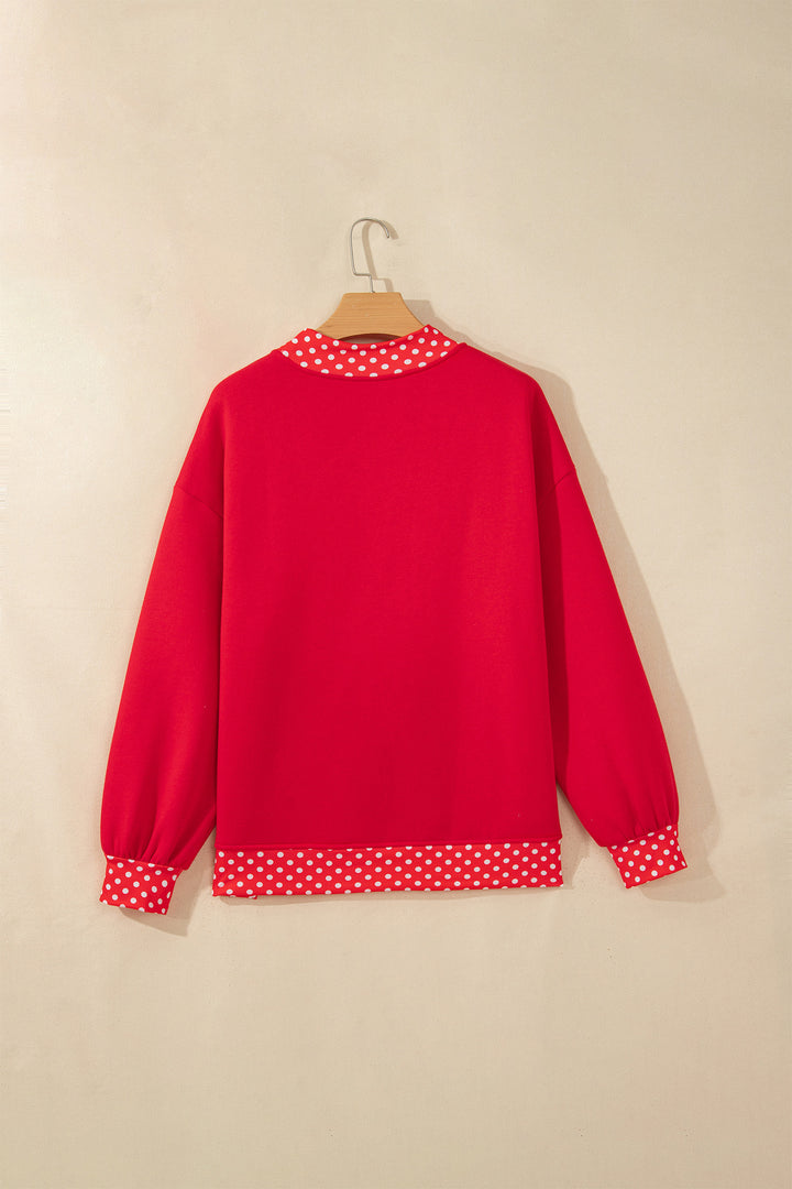 Tomato Red Polka Dot Letter Print Contrast Trim Mock Neck Sweatshirt