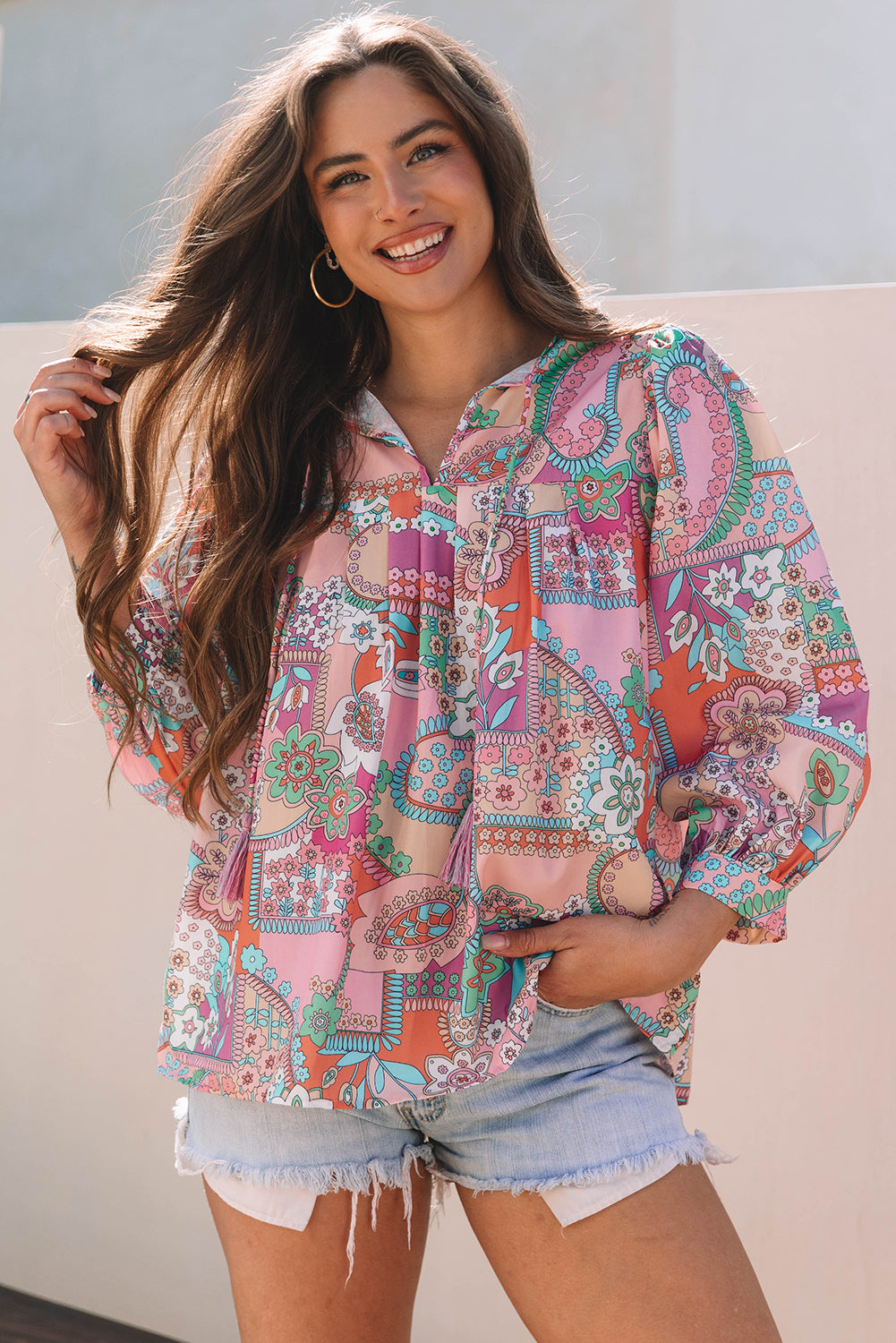 Boho Floral Bubble Sleeve Tassel Tied Neck Pleated Blouse