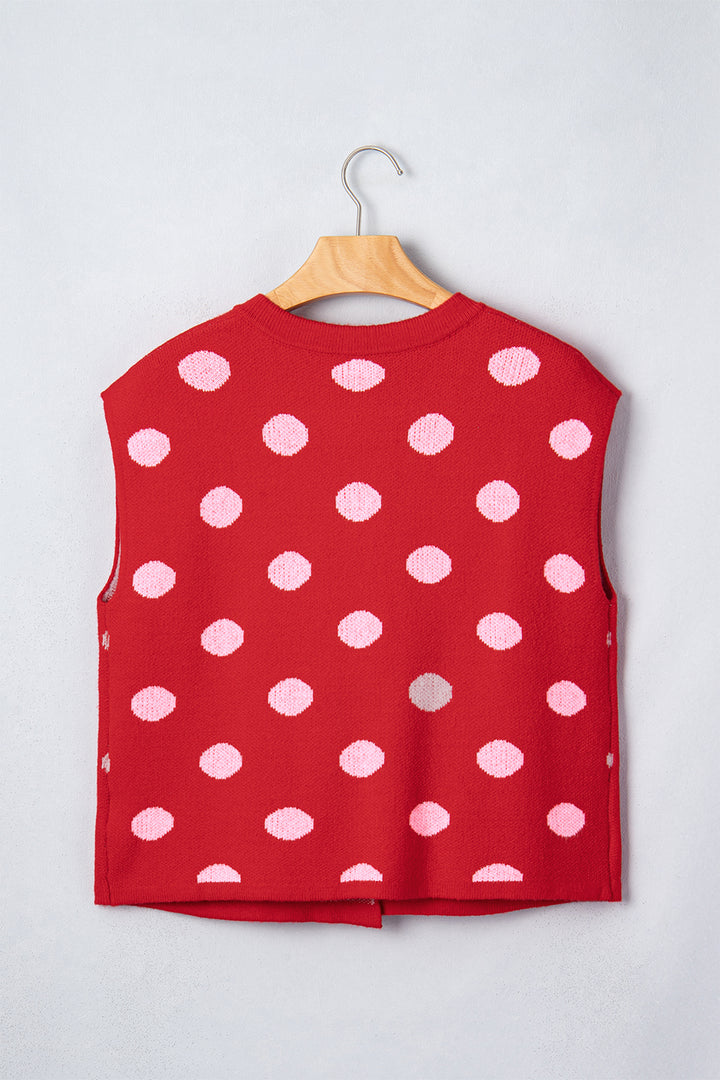 Red Polka Dot Sleeveless Knit Button Drop Shoulder Sweater Vest
