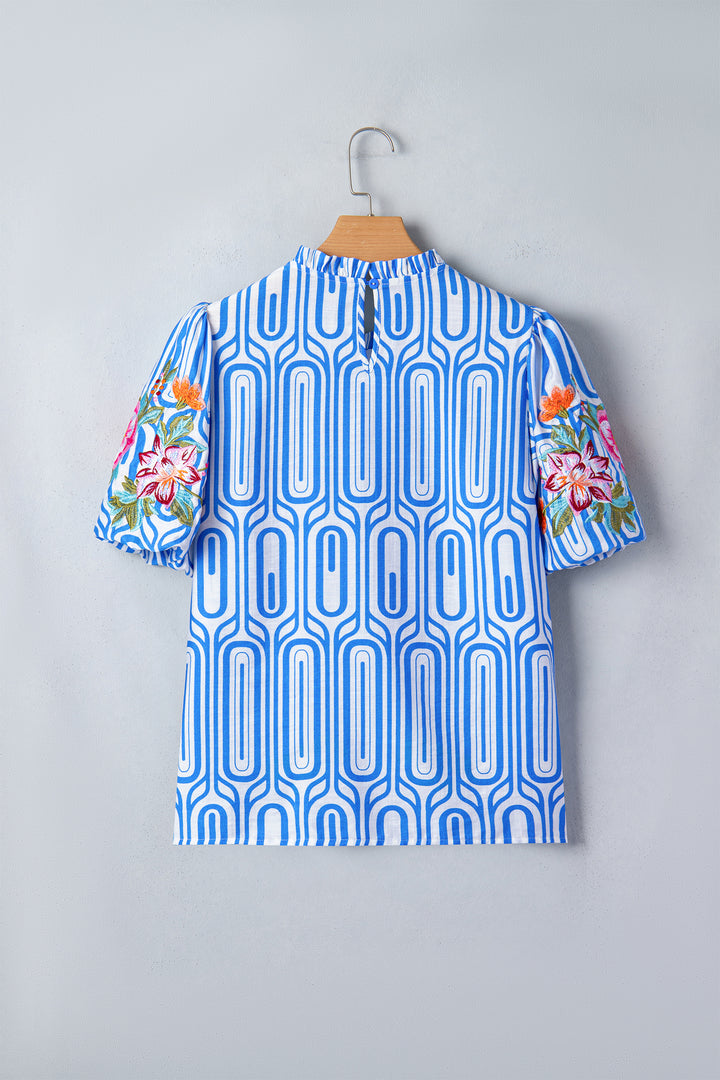 Sky Blue Unique Geometry Print Floral Embroidered Puff Sleeve Blouse