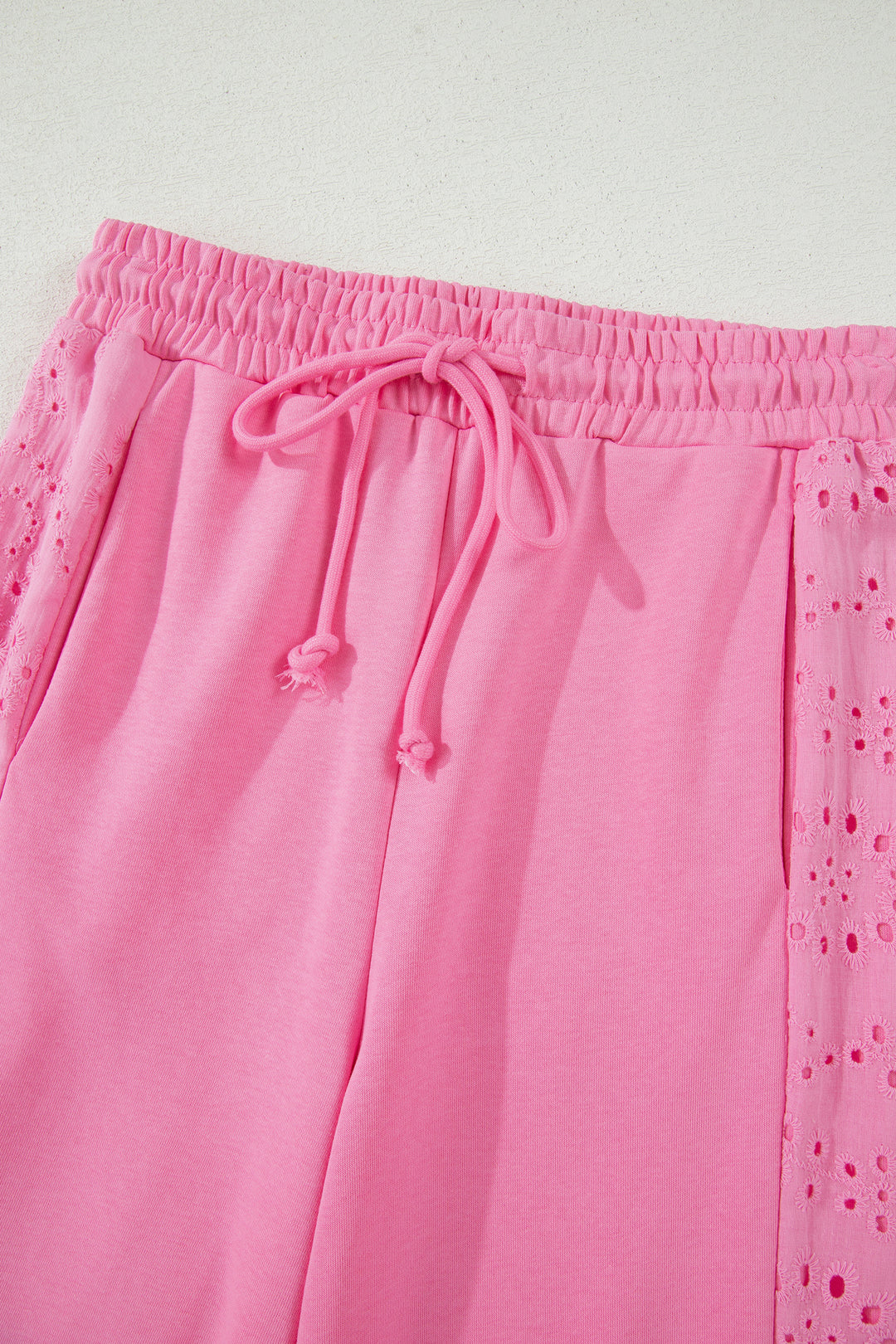 Sachet Pink Lace Patchwork Half Sleeve Top Elastic Waist Pants Two Piece Set