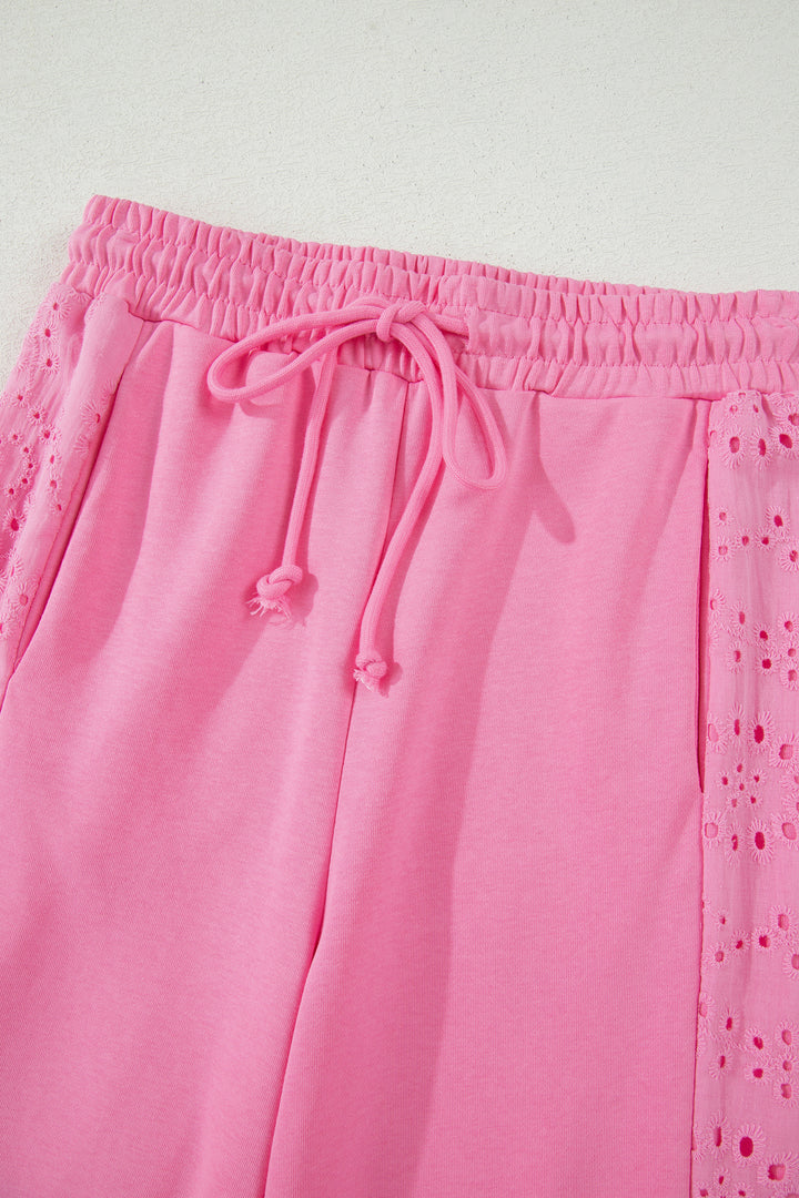 Sachet Pink Lace Patchwork Half Sleeve Top Elastic Waist Pants Two Piece Set