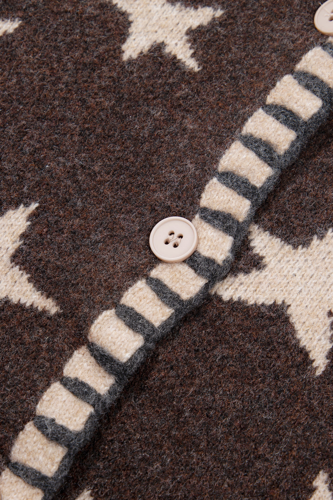 Brown Stars Pattern Colorblock Long Sleeve Shift Wool Cardigan