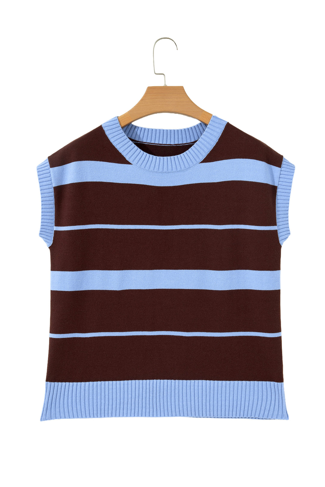 Sky Blue Stripe Striped Short Sleeve Round Neck Casual Knit Top