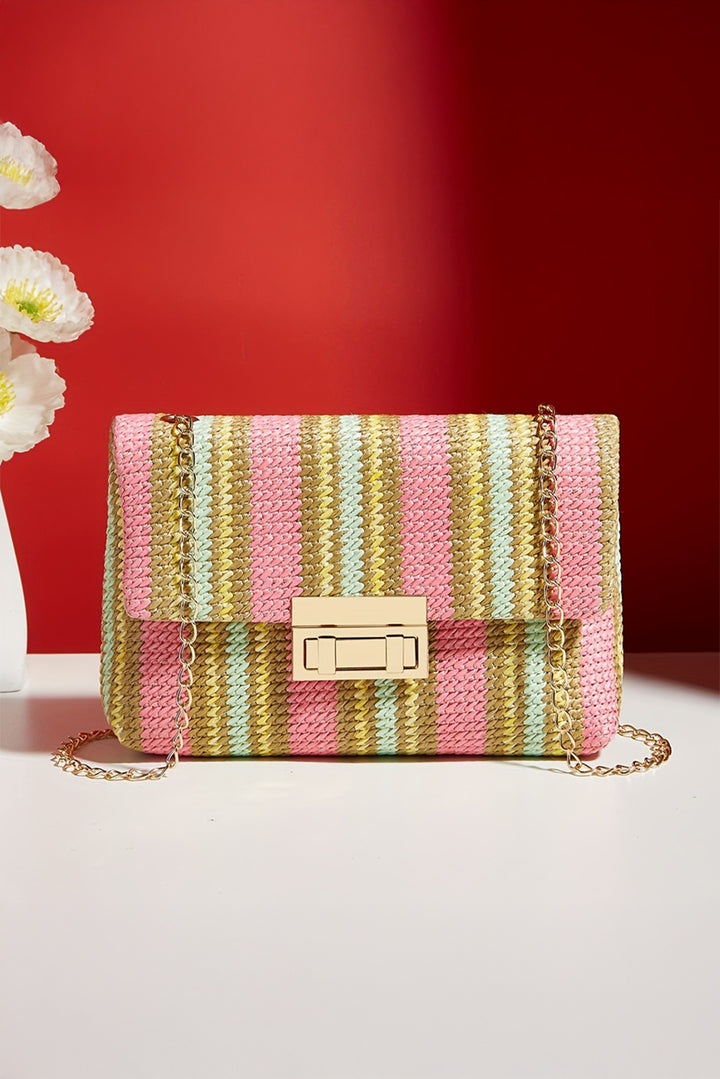Stripe Woven Flap Chain Strap Shoulder Bag