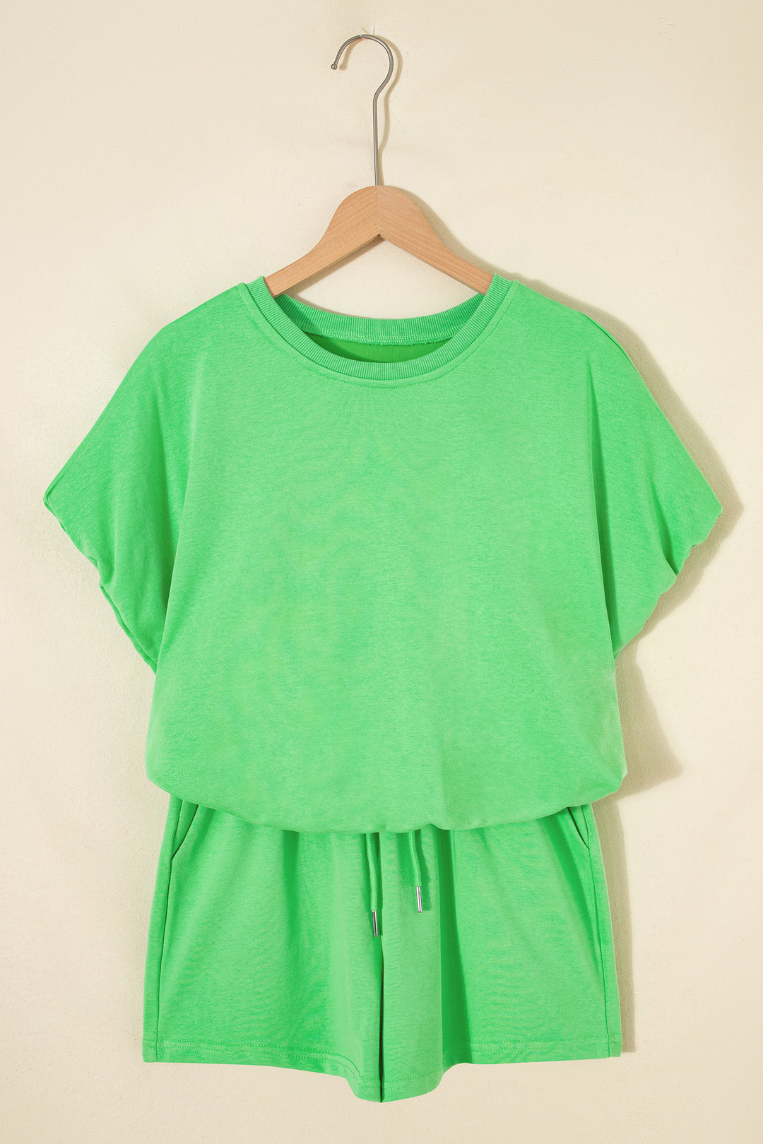 Green Solid Color Puffy Loose Top Drawstring Shorts 2pcs Outfit