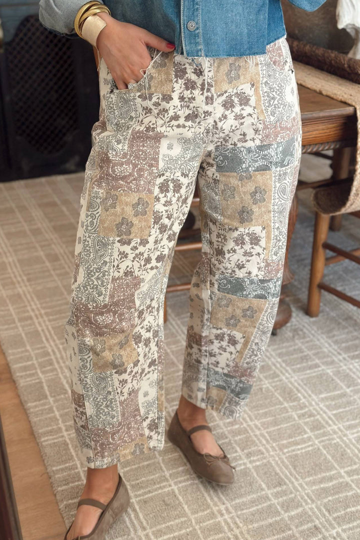 Multicolour Boho Floral Patchwork Western Print Straight Leg Ankle-Length Jeans