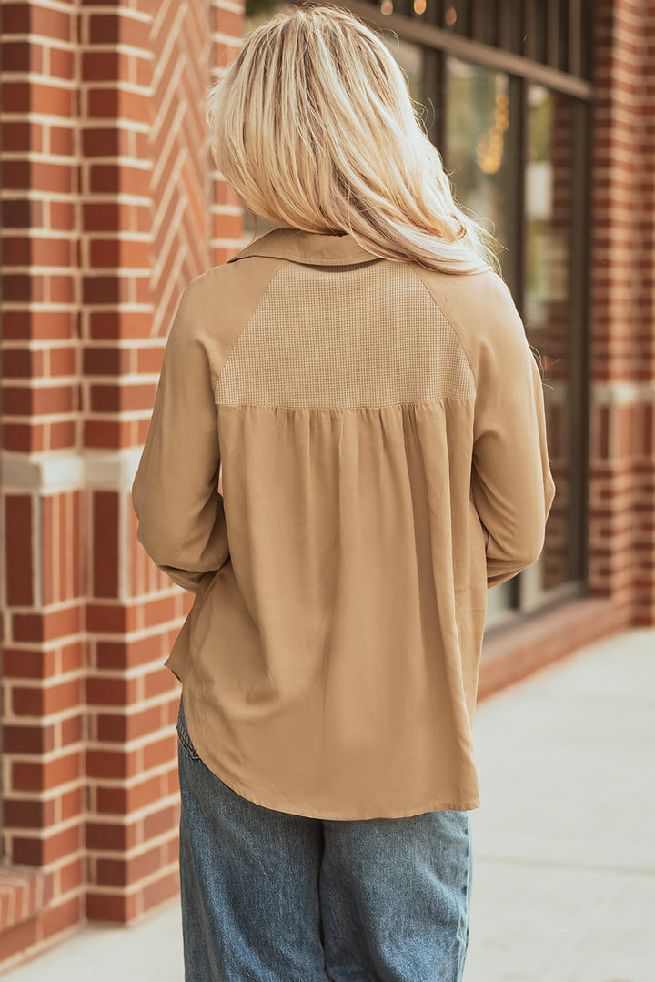 Waffle Patchwork Button Up Frayed Hem Shirt