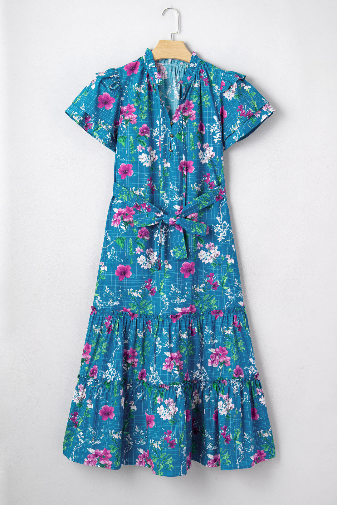 Floral Flutter Sleeve Button Tie Split Neck Belted Long Dress