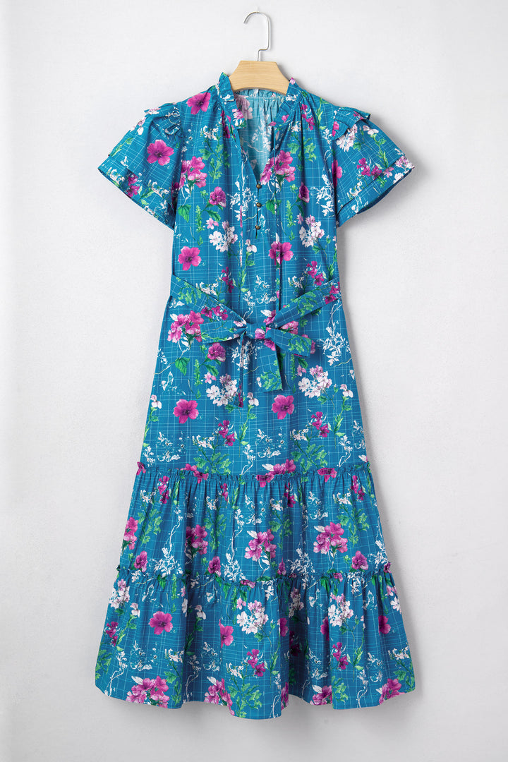 Floral Flutter Sleeve Button Tie Split Neck Belted Long Dress