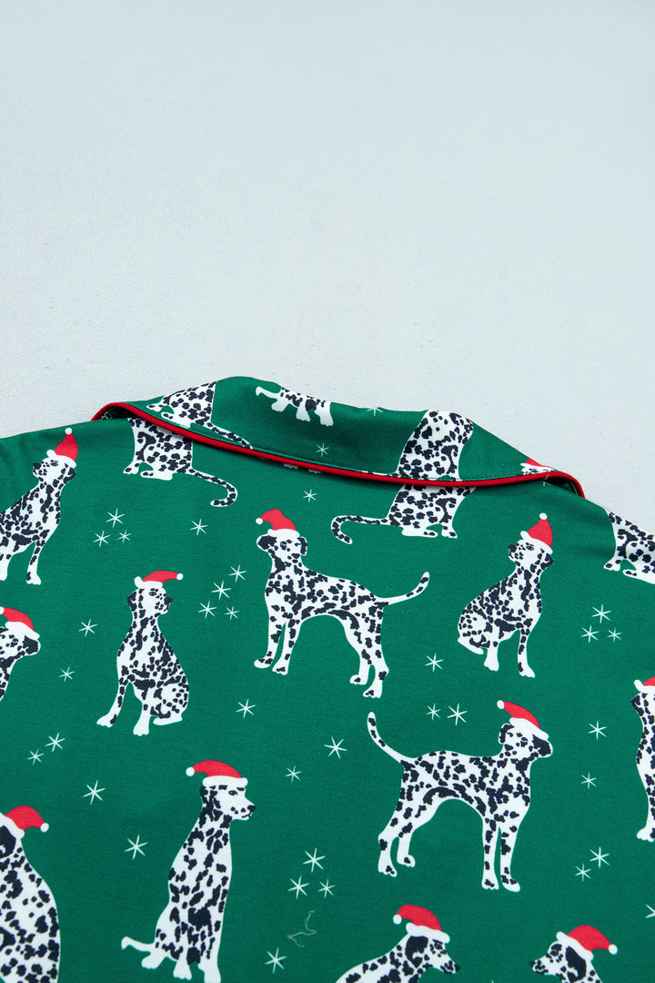 Green Long Sleeve Dog Print Two Piece Shift Lounge Set