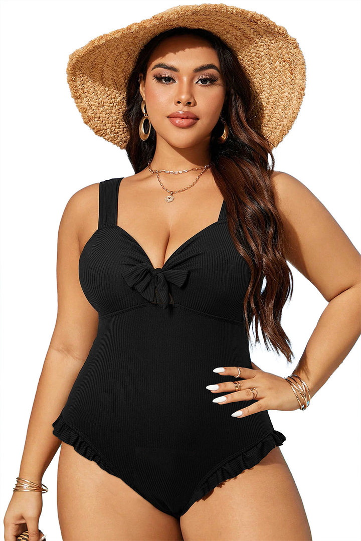 Plus Size Textured Knotted Ruffled Trim One Piece Swimwear