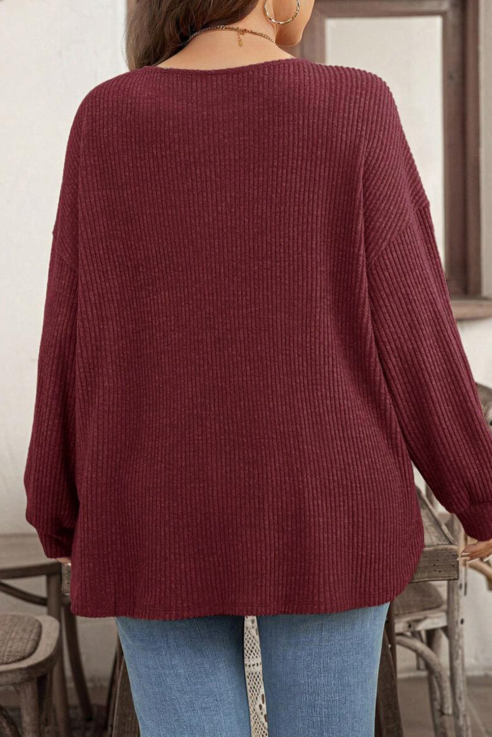Wild Ginger Plus Size Ribbed Button Decor Long Sleeve Loose Top