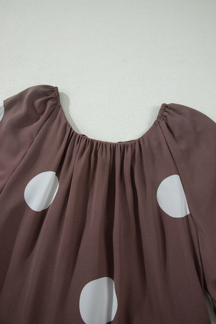 Brown Polka Dot Print Knot Back Short Puff Sleeve Loose Mini Dress