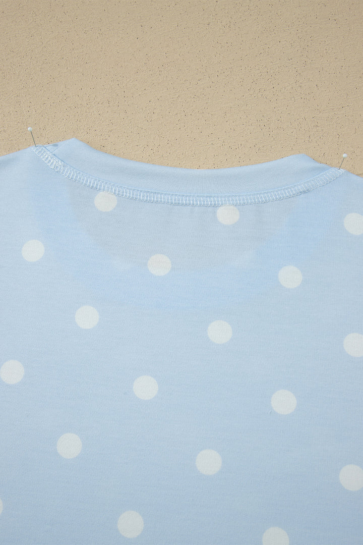 Sky Blue Polka Dot Short Sleeve Loose Top Drawstring Shorts Set