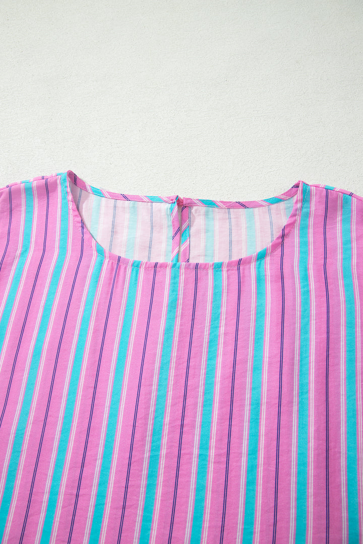 Pink Stripe Dolman Short Sleeve Blouse Drawstring Elastic Waist Loose Short Set